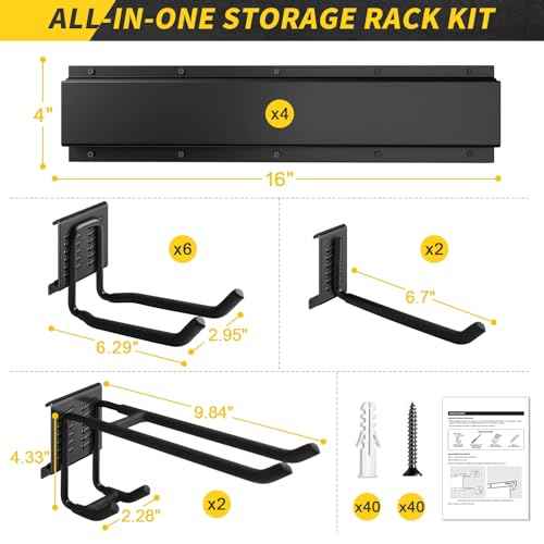 64 Inches Garage Storage, Garage Organization, Wall Mount Garden Tool Organizer, Max 620lbs Adjustable Metal Hooks, Yard Shed Rack, Tool Holder for Hanging Rake Broom Mop Snowboard, Home Gift