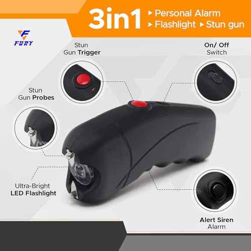 FURY Cyclone Stun Gun with Flashlight, Personal Alarm, Comfort Grip, Rechargeable, Wall Charging, Synthetic Leather Case, Easy Belt Attachment ? Self-Defense for Daily Carry