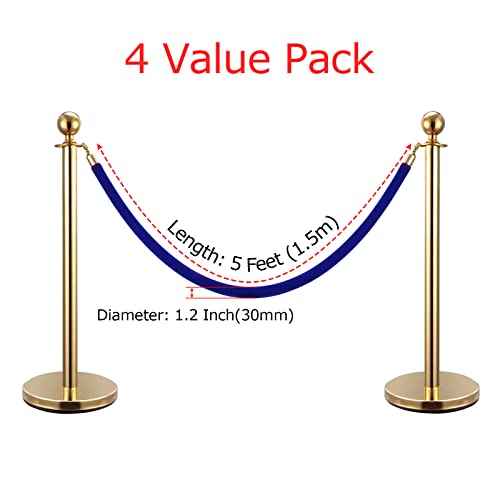 4 Pack Blue Velvet Stanchion Rope, 5ft Velvet Ropes Stanchion Ropes with Gold Clasps, Crowd Control Rope Queue Safety Sarriers Stanchion Post Rope for Party Event and Red Carpet