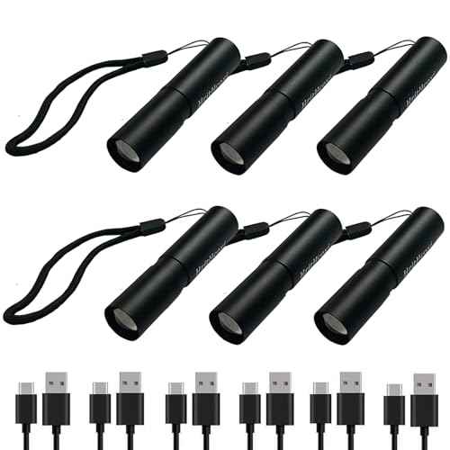 Rechargeable Mini LED Flashlights, 6pcs High Brightness Flash Light with Lithium Battery 3 Mode XPE 1200 Lumen Waterproof Zoomable Torch with USB Cable for Camping, Hiking, Riding, etc