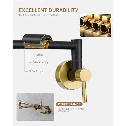 Fransiton Black & Gold Pot Filler, Pot Filler Faucet Wall Mount, Brass Folding Stretchable with Double Joint Swing Arm Single Hole Two Handles Kitchen Restaurant