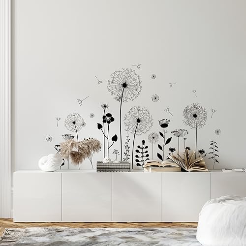 Supzone Black Dandelion Wall Stickers Attractive Flying Flower Butterfly Wall Decals Peel and Stick Creative Self Adhesive Wall Art Sticker for Bedroom Living Room Office Sofa Wall Decor