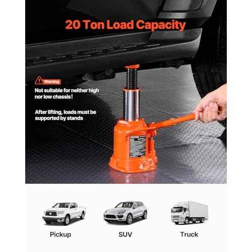 VEVOR Hydraulic Bottle Jack, 20 Ton/44092 lbs Low Profile Welded Bottle Jack with 6.69''-12.6'' Lifting Range & 3-Section Long Handle, for Car, Pickup, Truck, RV, Auto Repair, Industrial Engineering