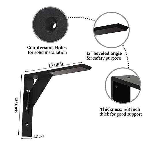 Countertop Support Bracket 16 Inch Heavy Duty Shelf Bracket 2 Pack 3/8" Thick Black16 x10 x2.5 for Granite Quartz Wood Laminate Countertops