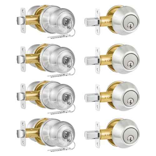 4 Pack Exterior Door Lock Set, Satin Nickel Door Knob and Deadbolt Combo Set, Keyed Alike Entry Door Knobs with Lock&Keys, Round Ball Door Locksets with Deadbolt for Entrance and Front Door
