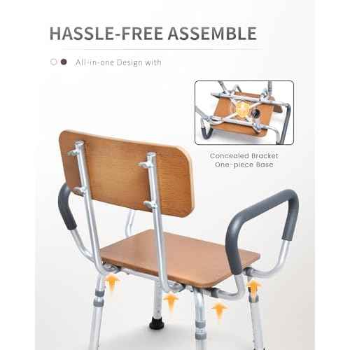 Sangohe Shower Chair for Inside Shower with Arms and Back, Height Adjustable Shower Chair for Elderly and Disabled, Wood Seat Board and Back, 400 lbs Heavy Duty Shower Seat for Seniors, 796A