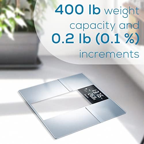 Beurer BF720 Smart Scale for Body Weight, Body Fat, Body Water & More – 400 lb Capacity, Bluetooth App, Calorie Data, User Recognition, XL LCD Display, Glass Digital Bathroom Scale – Grey