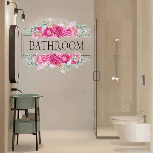 2 Pcs Bathroom Signs Wall Decals Stickers Decor Beautiful Flower Stickers Wall Decals Peel and Stick DIY Removable Wash Room Door Decor