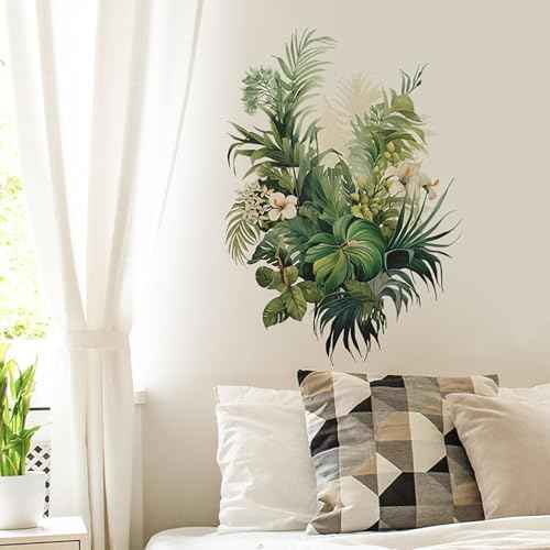 Botanical Wall Decals with Palm Leaves Lush Green Foliage White Flowers Removable Peel and Stick Wall Art 22.4x15.7 inches for Living Room Nursery Home Decor