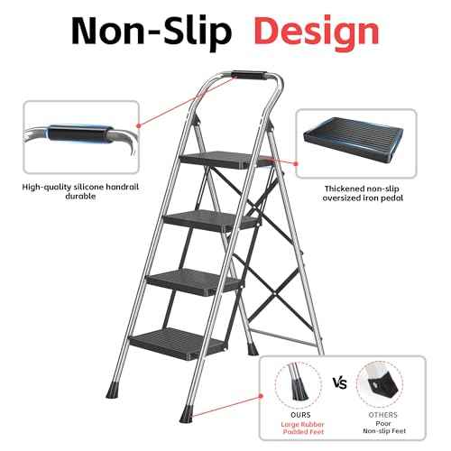 Step Ladder Foldable Folding Stool - for Home Adults Kitchen 4 Stepping Extension Tall Heavy Duty with Handrails - Closet Stepstool Stair Ladders Extendable Stepladder for Indoor House 600Lbs