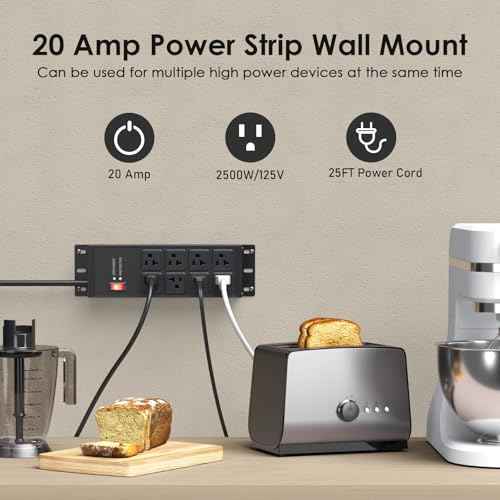 JUNNUJ Heavy Duty 20 Amp Surge Protector 4800J, Garage Metal 8 Outlets 12 Gauge, High Amp 5-15P Adapter Shop 6-20R T-Slot Industrial Outlet, 25 FT Extension Cord Commercial for Appliance
