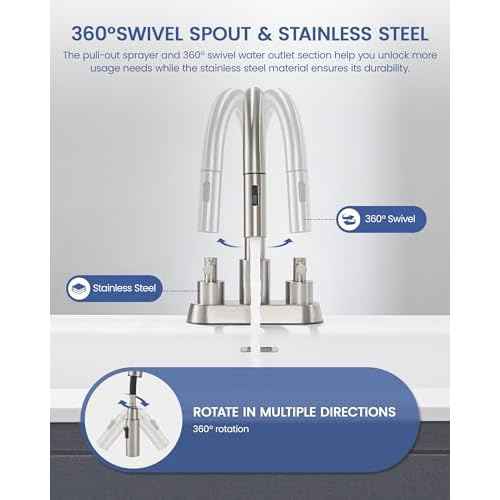 Bathroom Sink Faucet with Pull Out Sprayer 2 Handles, Brushed Nickel Pull Down Bathroom Faucet 3 Holes, 4 Inch Sink Faucet Bathroom, 360 Degree Swivel Spout, Pop Up Drain Assembly Included