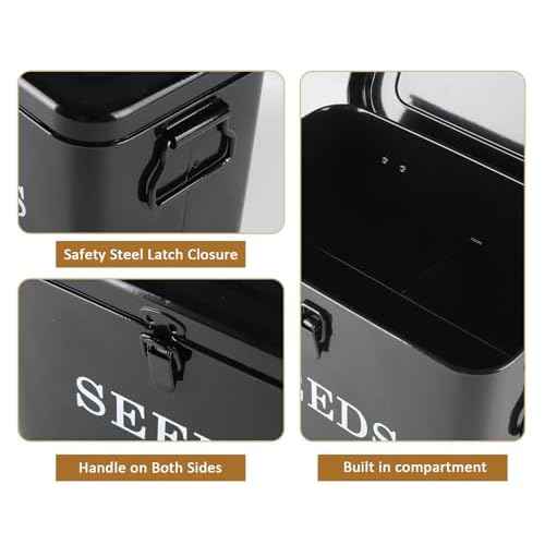 Seed Storage Organizer, T-Shape Compartment Seed Box with Safety Lock, Metal Seed Saving Box, Portable Seed Bin Container with Handle, Including 2 Pens 20 Plant Labels 50 Seed Envelopes-Black