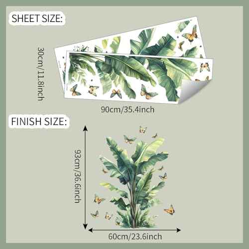 Tropical Leaf Wall Decals Palm Leaves with Butterflies Peel and Stick Wall Stickers for Living Room Bedroom Dining Room Home Wall Decor