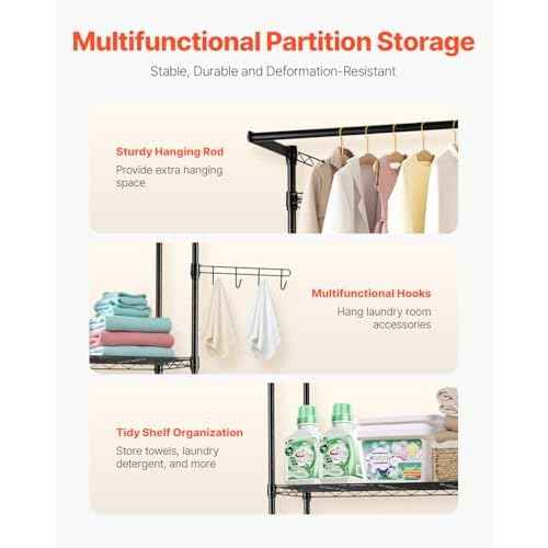 VEVOR Over The Washer and Dryer Storage Shelf, 3 Tier Laundry Room Drying Rack with Hanger Rod and Hooks, Adjustable Over Washer and Dryer Shelves, Laundry Room Shelf Storage Space Saver, Black