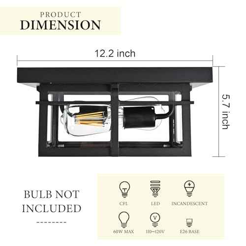 Farmhouse Ceiling Light Fixture Black 2-Light with Clear Glass, Square Flush Mount Ceiling Light for Hallway Kitchen Bedroom Porch