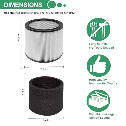(2) 90304 HEPA Cartridge Replacement Filter with Lids + (4) 90585 Foam Sleeves, Compatible with Shop-Vac 90304, 90350, 90333, Shop Vac 903-04-00, 9030400, 90585, 5 Gallon up Wet/Dry Vacuum Cleaner