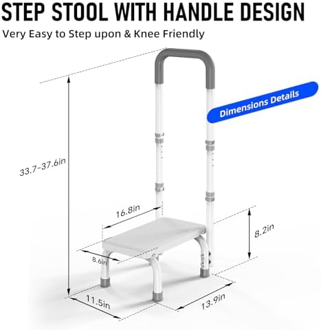 Height Adjustable Step Stool with Handle and Non-Skid Platform, Lightweight & Sturdy Standing Aid Support for Elderly, Seniors, Ideal for Bedside, Bathtub & Car Use, Holds up to 440 lbs (White)
