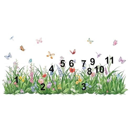 wondever Green Grass Wall Corner Stickers Flowers Butterflies Wildflower Baseboard Skirting Line Wall Decals for Bedroom Living Room