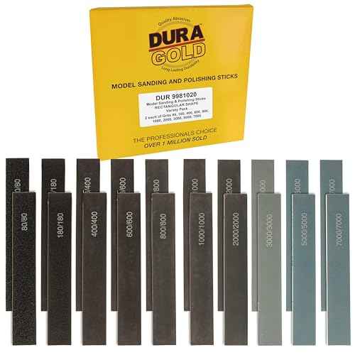 Dura-Gold Sanding Sticks and Polishing Sticks for Plastic Models, Pack of 20-2 Each of 10 Grits, Coarse 80 to Ultra-Fine 7000 Grit, Classic Style - Sand Wood, Metal, Auto Detailing, Hobby Sandpaper