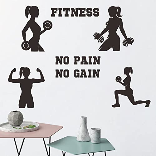 Women Fitness Wall Decal - ¡°No Pain No Gain¡± Motivational Quote with Girl Lifting Weights - PVC Removable Vinyl Sticker for Gym, Home Workout Room, Bedroom Decor - 34x24 Inch JWH177 (Black)