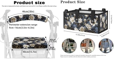 LedBack Vintage Floral Walker Accessories 3 Piece Set Rollator Walker Seat and Backrest Covers, Walker Storage Bags Lightweight Rollator Seat Cushion Covers and Organizer Bag
