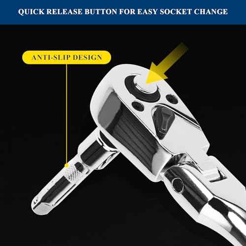 PRIDE&CRAFT 4-Piece Flex Head Ratchet Set, 1/4", 3/8", 1/2" Drive, 3/8" Stubby, 72-Tooth, Socket Wrench Quick Release Reversible Design, Swivel Head Ratchet, Chrome Alloy Made, EVA Organizer