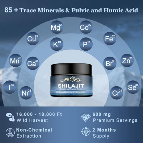 Himalayan Shilajit Organic Shilajit Resin, High Potency Shilajit for Men and Women, 600mg Pure Natural Resin with 85+ Trace Minerals and Fulvic Acid, Energy, Strength, Immune Support, 30 Grams