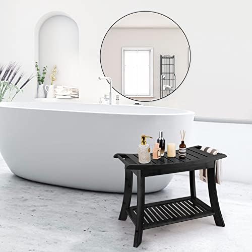 VVW Bamboo Shower Bench & Stool with Storage Shelf, Bath Benches for Inside Shower, Bathroom Stools 2-Tier Spa Seat for Adults Elderly (Black)