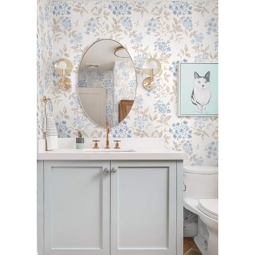 Heroad Boho Floral Wallpaper Blue/Beige Peel and Stick Wallpaper Neutral Leaf Contact Paper Removable Self Adhesive Wall Paper for Cabinet Bedroom Bathroom Waterproof Decor Vinyl Roll 17.3''x78.7''