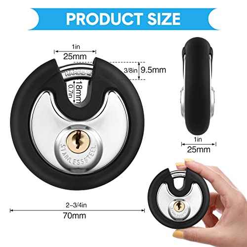 Chumia 4 Pack 70 mm Keyed Alike Padlocks Outdoor Round Stainless Steel Discus Pad Lock with Keys for Storage Unit, Sheds, Garages and Fence, Rubber Bumper Sheath (Black)