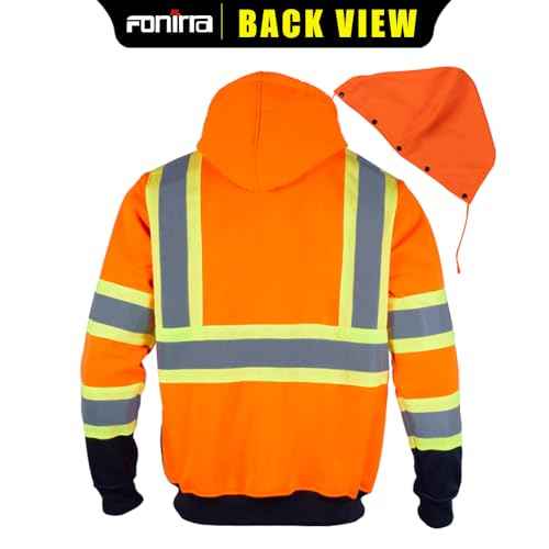FONIRRA Hi Vis Safety Fleece Zip Hoodie for Men Reflective Sweatshirts ANSI Class 3 Jackets Detachable Hood (Orange,3XL)