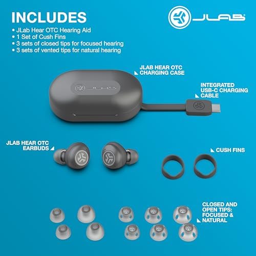JLab Hear OTC Hearing Aid & Earbuds, Graphite, Traditional Earbud Fit, Four Preset Hearing Modes, In-Ear Detection and Built-in Feedback Suppression, Independent Volume Control and Touch Controls