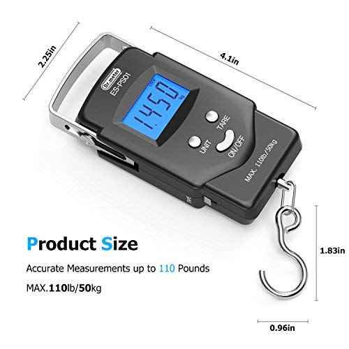 Fish Scale Luggage Scale Fishing Gear - 110lb Backlit LCD Display Digital Scale with Built-in Measuring Tape - Fishing Scale with 2 AAA Batteries, Pocket Size - Fishing Gifts for Men