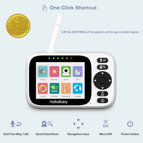 HelloBaby Baby Monitor with Camera and Audio, 3.2'' IPS Screen, No WiFi, 2-Way Talk, Night Vision, Remote Pan-Tilt-Zoom, VOX/ECO Mode, 8 Lullabies, 1000ft Range, Temperature Display, HB6339