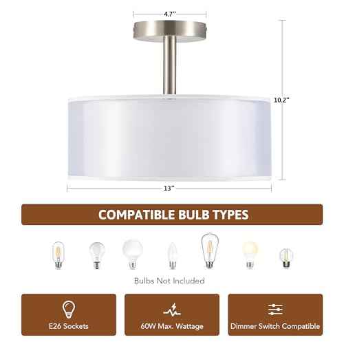 VONLUCE Semi Flush Mount Ceiling Light, 13'' Ceiling Light Fixture with 2-Layer Fabric Shade, 3-Light Modern Drum Light Fixture for Bedroom Living Room Entryway Hallway, White Shade & Nickel Finish