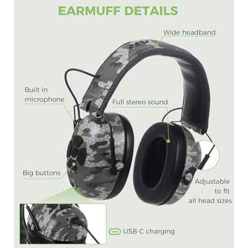 Bluetooth Wireless Headphones, Noise Canceling Hearing Protection for Work, Lawn Mowing, Construction, 1200mAh Rechargeable Ear Muffs, Includes Carrying Bag& USB Cable£¨Gray Camouflage£©