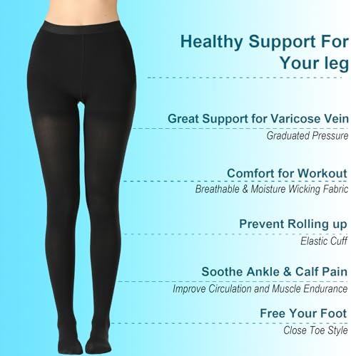 Medical Compression Pantyhose For Women & Men,20-30mmHg Graduated Support Hose Tights,Opaque Close Toe Waist High Compression Stockings For Athletic,Flight,Travel Use