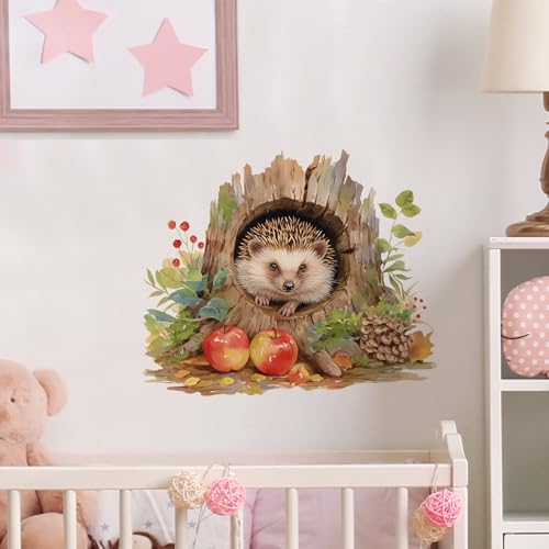 Cute Hedgehog in Tree Hole Wall Decal Nursery Animal Wall Sticker Removable Peel and Stick Wall Art Decor for Kid Baby Classroom Preschool Living Room Playroom Bedroom School