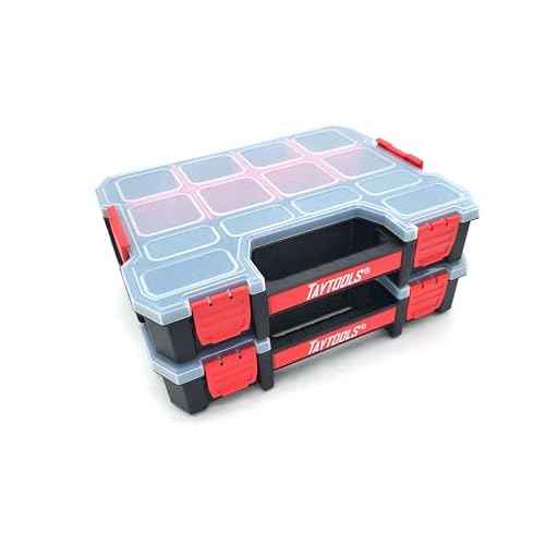 Taytools 14 Compartment Medium Parts Organizer Box - Dual Latch Portable Tool Box with Removeable Dividers for Storing Hardware, Screws, Bolts, Nails, Beads or Jewely (Pack of 2)