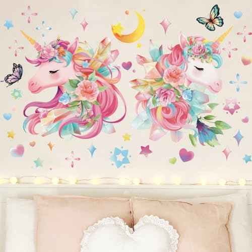 Runtoo Unicorn Wall Decals Pink Rainbow Wall Stickers for Girls Bedroom Baby Nursery Kids Room Birthday Party Decor Gifts