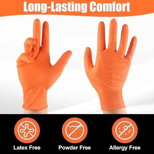 TREEGO 10 Mil Orange Nitrile Gloves Large ? Heavy Duty Disposable Latex & Powder Free, Chemical Resistant, Diamond Grip for Industrial, Automotive, Cleaning ? 100 Count