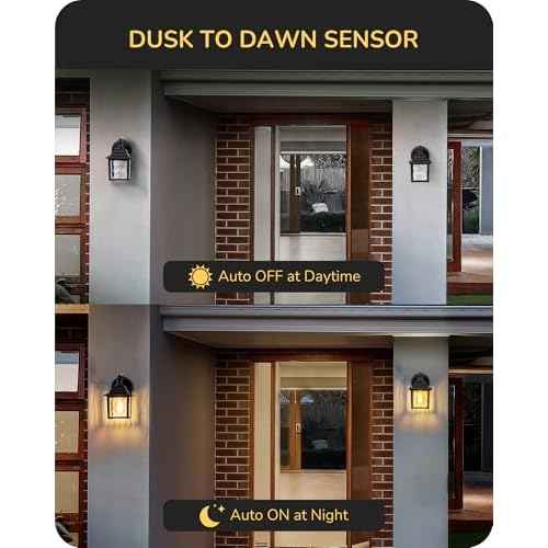 EDISHINE 2 Pack Outdoor Porch Light, Dusk to Dawn Exterior Lighting Fixtures, Modern Outdoor Wall Lights Fixture, Clear Water Ripple Glass, Anti-Rust Waterproof for Front Door Garage Patio, Black