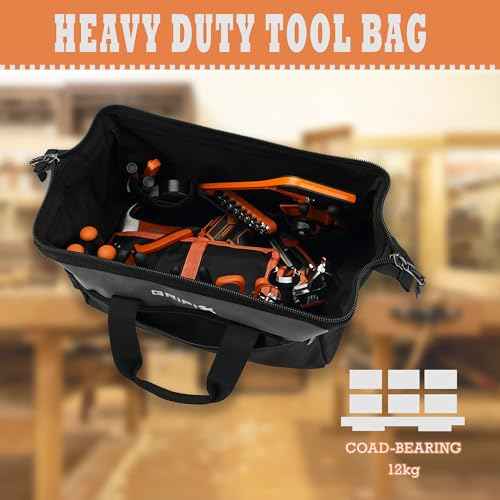 15 Inch Tool Bag, Wide Mouth Tool Storage Organizer with Large Pocket, Ergonomic Zipper & Soft Handle Heavy Duty Toolbag, Waterproof Cloth Tool Tote for Men Electrician Mechanic Carpenter