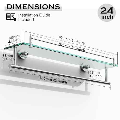 24-Inch Floating Tempered Glass Bathroom Shelf with Towel Bar - Chrome Polished & Stainless Steel, Wall Mount