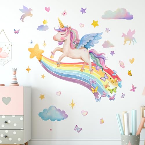 Yovkky Unicorn Rainbow Wall Decals Stickers, Cloud Stars Love Hearts Butterfly Toddler Baby Nursery Decor, Home Decorations Girls Kids Bedroom Playroom Art