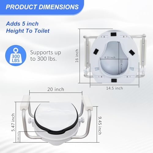 Toilet Seat Risers for Seniors,Adjustable Anti-Silp Handles & Thickened Cushion,Handicap Elevated Toilet Seat with Handles Over Toilet, Adjustable Height & Width,300 lbs, Black