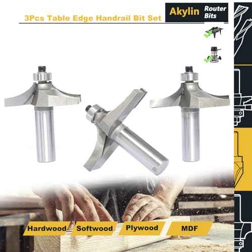 3Pcs Table Edge and Handrail Router Bit,1/2 Inch Shank, Cutting Depth 3/4",7/8",1" Thumbnail Edge Cutters, Carbide Tipped 2 Flute, for Table Wood Profiling,Molding,Edging
