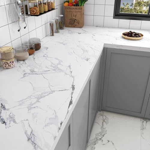 LACHEERY Silver Grey White Marble Contact Paper Matte Countertop Vinyl Wrap Waterproof White Marble Countertop Covers Peel and Stick Wallpaper for Kitchen Countertops Cabinets Wall Paper Roll 15.8x79