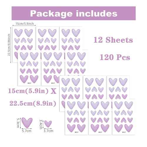 12 Sheets 120 Pcs Purple Love Heart Graphics Wall Stickers, sacinora Romantic Love DIY Wall Decals Removable Vinyl Peel and Stick for Baby Girl Nursery Bedroom Art Home Decorations